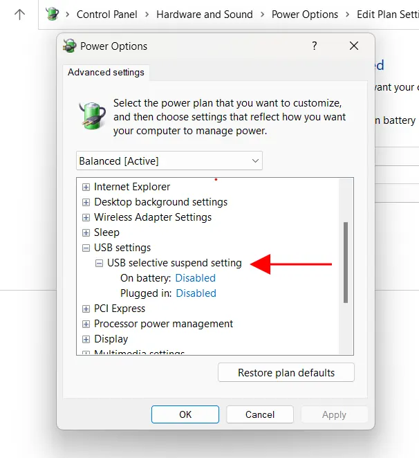 USB Selective Suspend Settings